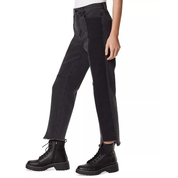 Frayed Women Charcoal Denim High Rise Contrast Panel Straight Jeans Size 30 - Picture 3 of 3